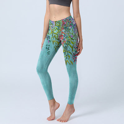 Buddha Stones Vibrant Flowers Green Willow Leaves Print Gym Leggings Women's Yoga Pants - MediumTurquoise - US18，UK/AU22，EU50 (4XL) - image 1