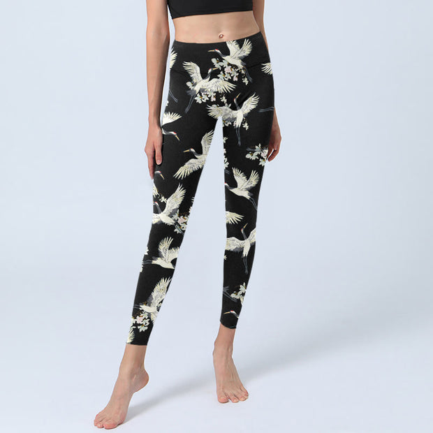 Buddha Stones White Cranes Blossoms Print Gym Leggings Women's Yoga Pants - image 6