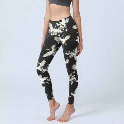 Buddha Stones White Cranes Blossoms Print Gym Leggings Women's Yoga Pants - Black - US18，UK/AU22，EU50 (4XL) - image 1