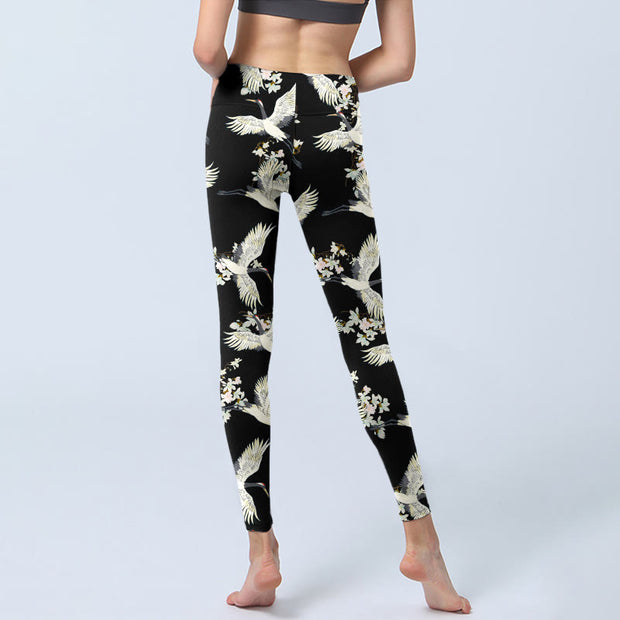 Buddha Stones White Cranes Blossoms Print Gym Leggings Women's Yoga Pants - image 7