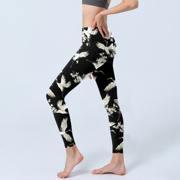 Buddha Stones White Cranes Blossoms Print Gym Leggings Women's Yoga Pants - image 3