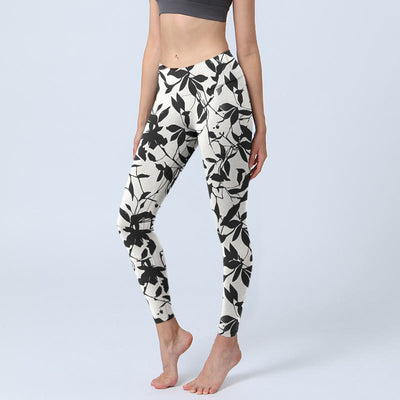 Buddha Stones Black Leaves Print Gym Leggings Women's Yoga Pants - Snow - US18，UK/AU22，EU50 (4XL) - image 1