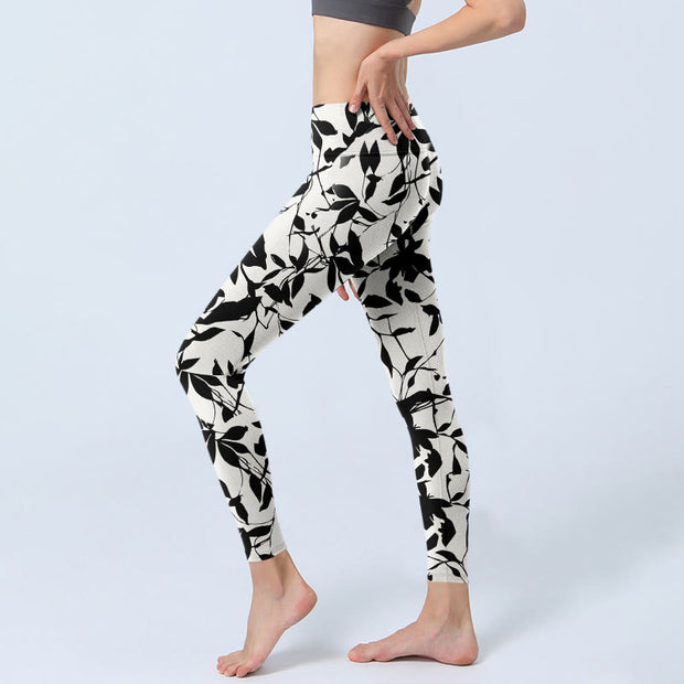 Buddha Stones Black Leaves Print Gym Leggings Women's Yoga Pants - image 3
