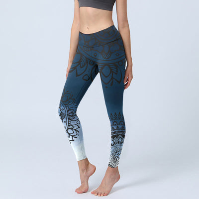 Buddha Stones Circular Mandala Flower Print Gym Leggings Women's Yoga Pants - SteelBlue - US18，UK/AU22，EU50 (4XL) - image 1