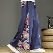 Buddha Stones Crane Embroidery Drawstring Men's Cotton Linen Wide Leg Pants With Pockets - image 7
