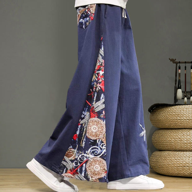Buddha Stones Crane Embroidery Drawstring Men's Cotton Linen Wide Leg Pants With Pockets - image 7