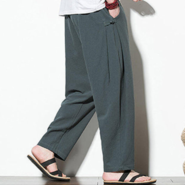 Buddha Stones Summer Side Frog-Button Design Men's Cotton Linen Pants With Pockets - image 4