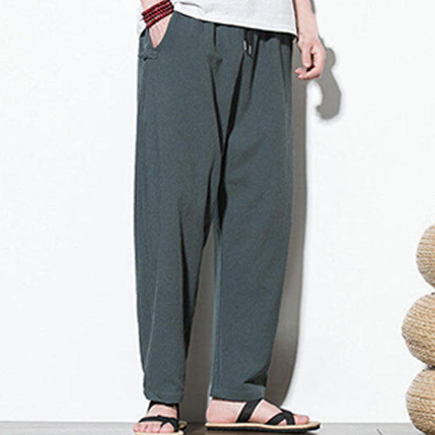 Buddha Stones Summer Side Frog-Button Design Men's Cotton Linen Pants With Pockets - image 3