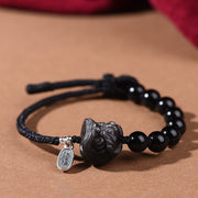 FREE Today: Soothing Strength Black Obsidian Silver Sheen Obsidian Cute Cat Dancing Lion Bracelet