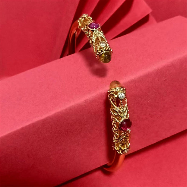 FREE Today: Luck and Healing Golden Flower Pattern Red Zircon Amber Copper Cuff Bracelet Bangle
