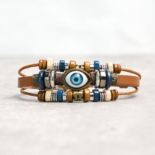 Buddha Stones Tibetan Evil Eye Leather Adjustable Protection Bracelet - BUCKLE - Khaki - image 43