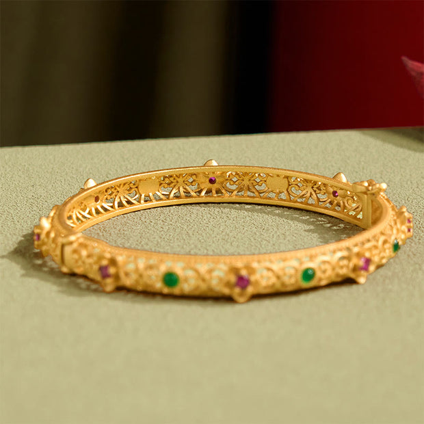 Buddha Stones Hollow Design Copper Plated Gold Flower Luck Bracelet Bangle - image 4