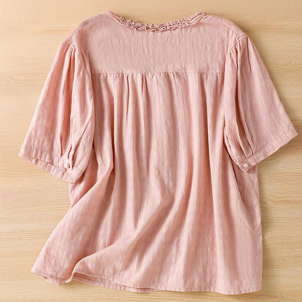 Buddha Stones Jacquard Pleated Ruffled Trim Design V-Neck Short Sleeve Women's Shirt - image 20