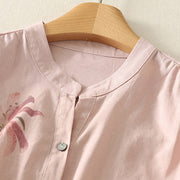 Buddha Stones Casual Daily Printing Lily Pattern Half Puff Sleeve Women's Cotton Linen Shirt - image 3