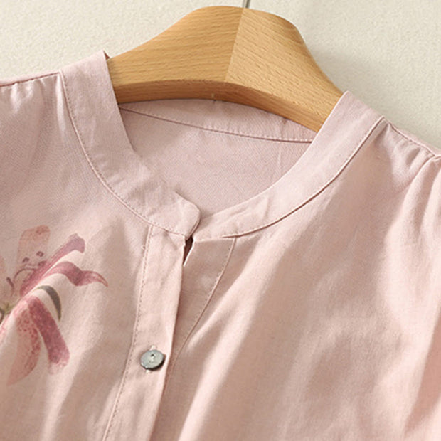 Buddha Stones Casual Daily Printing Lily Pattern Half Puff Sleeve Women's Cotton Linen Shirt - image 3
