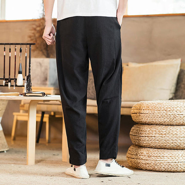 Buddha Stones Solid Color Linen Drawstring Tapered Men's Pants With Pockets - image 23