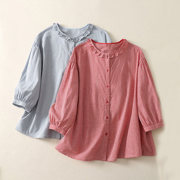 Buddha Stones Spring Plaid Ruffled Crew Neck Design Three Quarter Sleeve Cotton Women's Shirt - image 16