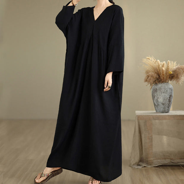 Buddha Stones Fall Pure Color V-Neck Long Sleeve Cotton Midi Dress, Blue / US4-12,UK/AU8-18,EU36-46(F) Buddha Stones Fall Pure Color V-Neck Long Sleeve Cotton Midi Dress, Blue / US4-12,UK/AU8-18,EU36-46(F)