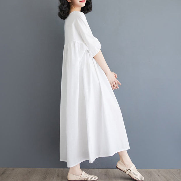 Buddha Stones Casual Solid Color Pleated Design Crew Neck Half Puff Sleeve Cotton Maxi Dress - image 10