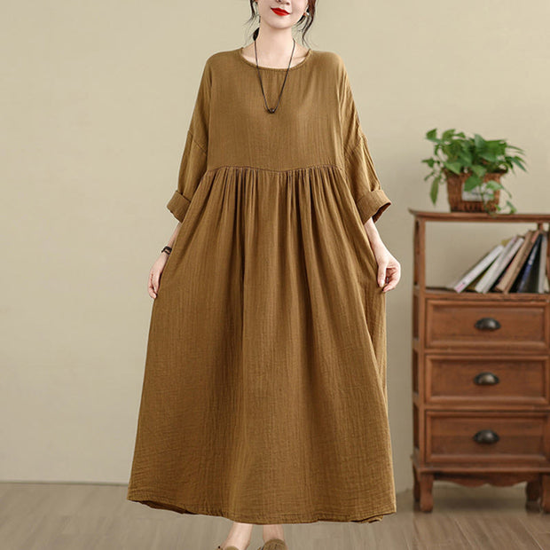 Buddha Stones Commute Pure Color Long Sleeve Cotton Linen Midi Dress With Pockets, DarkMagenta / US4-12,UK/AU8-18,EU36-46(F) Buddha Stones Commute Pure Color Long Sleeve Cotton Linen Midi Dress With Pockets, DarkMagenta / US4-12,UK/AU8-18,EU36-46(F)