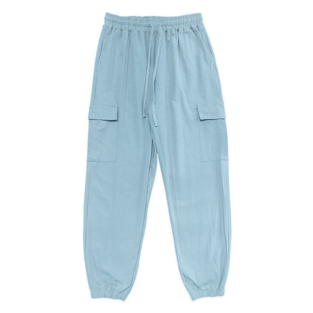 Buddha Stones Solid Color Linen Drawstring Men's Cargo Pants With Pockets - LightSkyBlue - US/UK/AU46，EU56 (3XL) - image 9