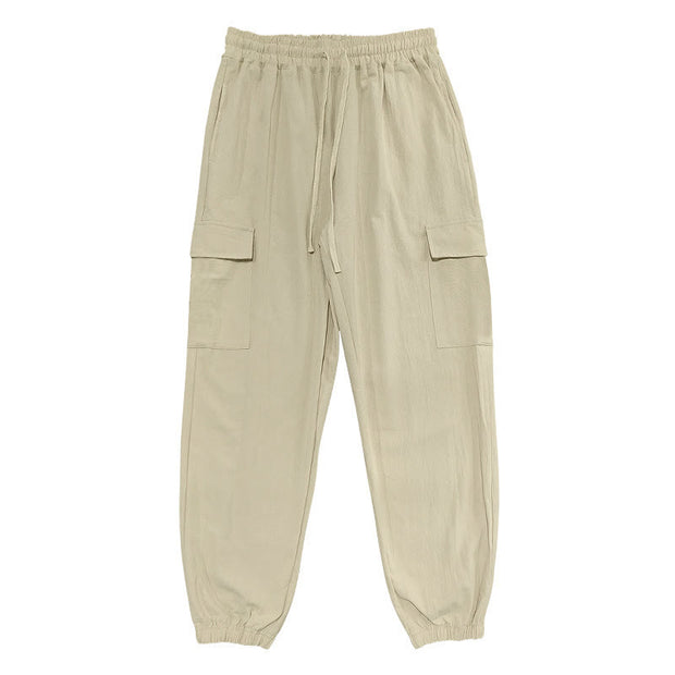 Buddha Stones Solid Color Linen Drawstring Men's Cargo Pants With Pockets - Wheat - US/UK/AU46，EU56 (3XL) - image 21