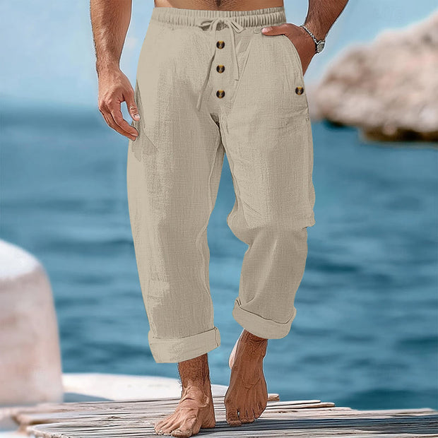 Buddha Stones Solid Color Buttons Drawstring Men's Cotton Pants With Pockets - Beige - US/UK/AU46，EU56 (3XL) - image 34