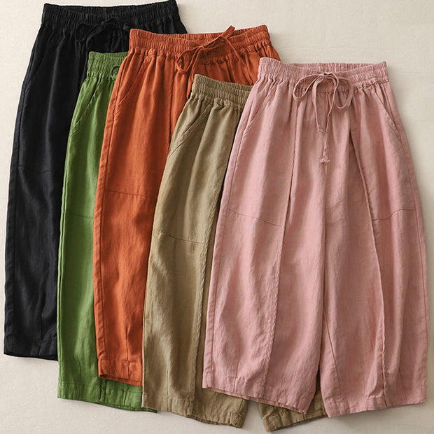 Buddha Stones Casual Plain Solid Color Patchwork Women's Polyester 7-8 Length Wide Leg Pants With Pockets