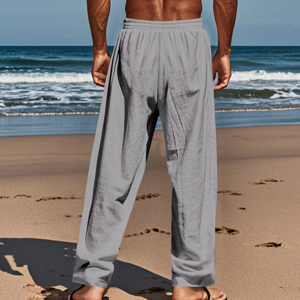 Buddha Stones Solid Color Buttons Drawstring Men's Cotton Pants With Pockets - image 23