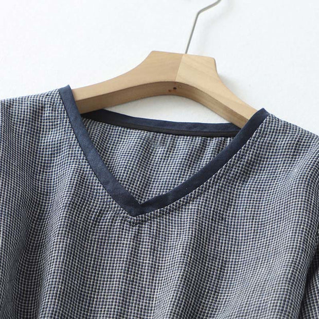 Buddha Stones Commute MidnightBlue Plaid Lace-Up Design Cotton Linen Midi Dress With Pockets - image 4