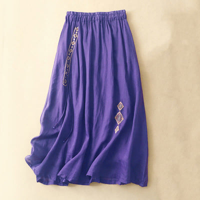 Buddha Stones Ethnic Vintage Embroidery Button Design Women's Cotton Linen 7-8 Length Skirt - DarkViolet - US8-10，UK/AU12-14，EU40-42 (2XL) - image 1