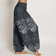 Buddha Stones Pure Cotton Casual Rose Peony Flowers Women's Elastic Waist Harem Pants