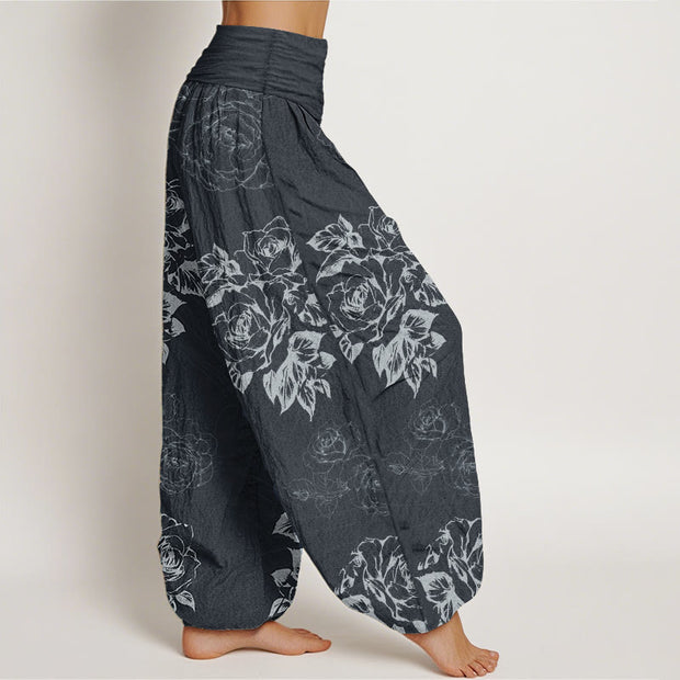 Buddha Stones Pure Cotton Casual Rose Peony Flowers Women's Elastic Waist Harem Pants