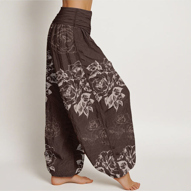 Buddha Stones Pure Cotton Casual Rose Peony Flowers Women's Elastic Waist Harem Pants