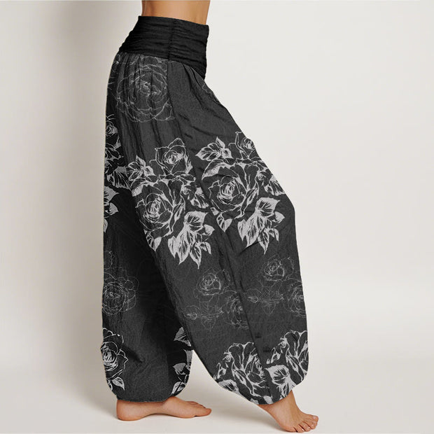 Buddha Stones Pure Cotton Casual Rose Peony Flowers Women's Elastic Waist Harem Pants