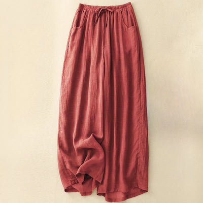 Buddha Stones Spring Pure Color Drawstring Double Layer Cotton Linen Women's Wide Leg Pants With Pockets