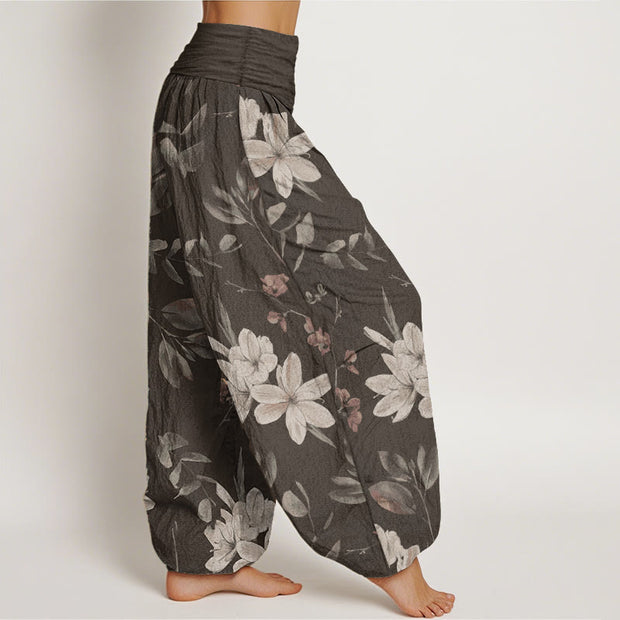 Buddha Stones Pure Cotton Casual Floral Leaves Women's Elastic Waist Harem Pants