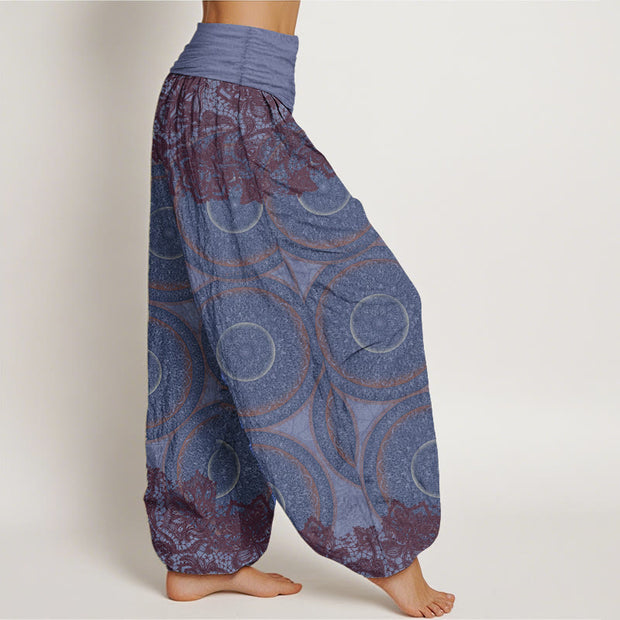Buddha Stones Pure Cotton Casual Flowers Compass Design Women's Elastic Waist Harem Pants