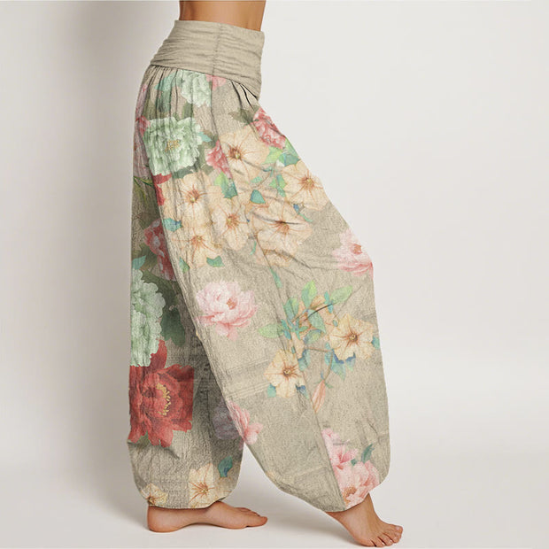 Buddha Stones Pure Cotton Casual Peony Flower Women's Elastic Waist Harem Pants
