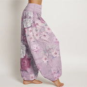 Buddha Stones Pure Cotton Casual Peony Flower Women's Elastic Waist Harem Pants