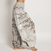 Buddha Stones Pure Cotton Casual Bamboo Leaves Women's Elastic Waist Harem Pants