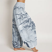 Buddha Stones Pure Cotton Casual Bamboo Leaves Women's Elastic Waist Harem Pants