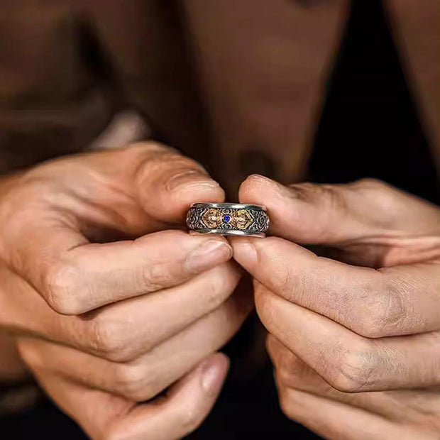 Buddha Stones Vintage Tibetan Vajra Auspicious Clouds Pattern Copper Pleated Silver Balance Ring - image 4