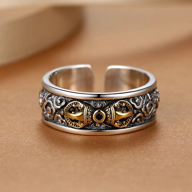 Buddha Stones Vintage Tibetan Vajra Auspicious Clouds Pattern Copper Pleated Silver Balance Ring - image 2