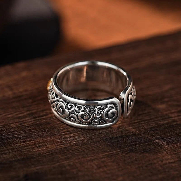 Buddha Stones Vintage Tibetan Vajra Auspicious Clouds Pattern Copper Pleated Silver Balance Ring - image 3