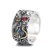 Buddha Stones Vintage Dragon Pattern Copper Pleated Silver Balance Ring