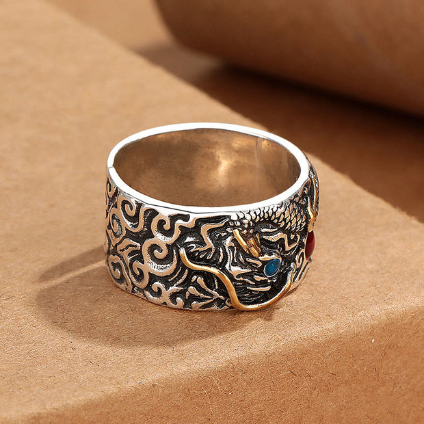 Buddha Stones Vintage Dragon Pattern Copper Pleated Silver Balance Ring