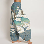 Buddha Stones Pure Cotton Flying Cranes Auspicious Clouds Tree women's Elastic Waist Harem Pants