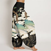 Buddha Stones Pure Cotton Flying Cranes Auspicious Clouds Tree women's Elastic Waist Harem Pants