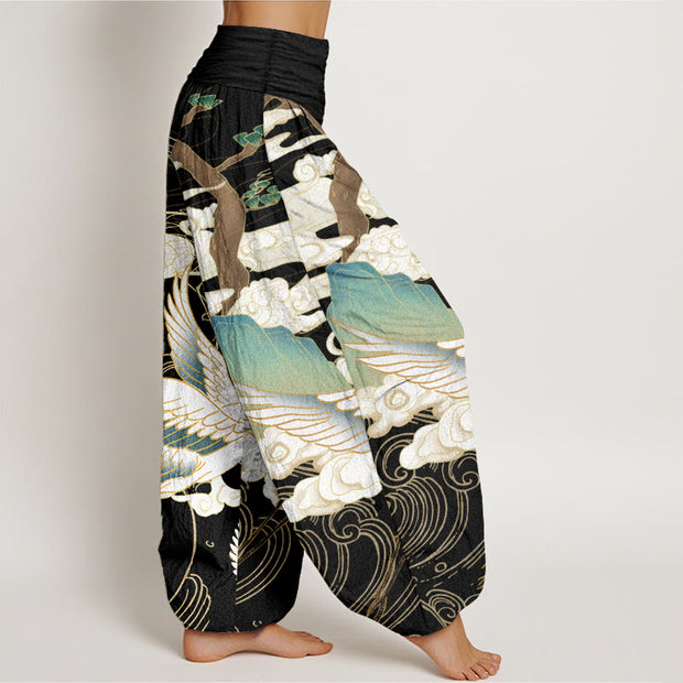 Buddha Stones Pure Cotton Flying Cranes Auspicious Clouds Tree women's Elastic Waist Harem Pants